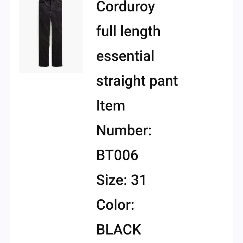 JCREW BLACK CORDUROY PANTS